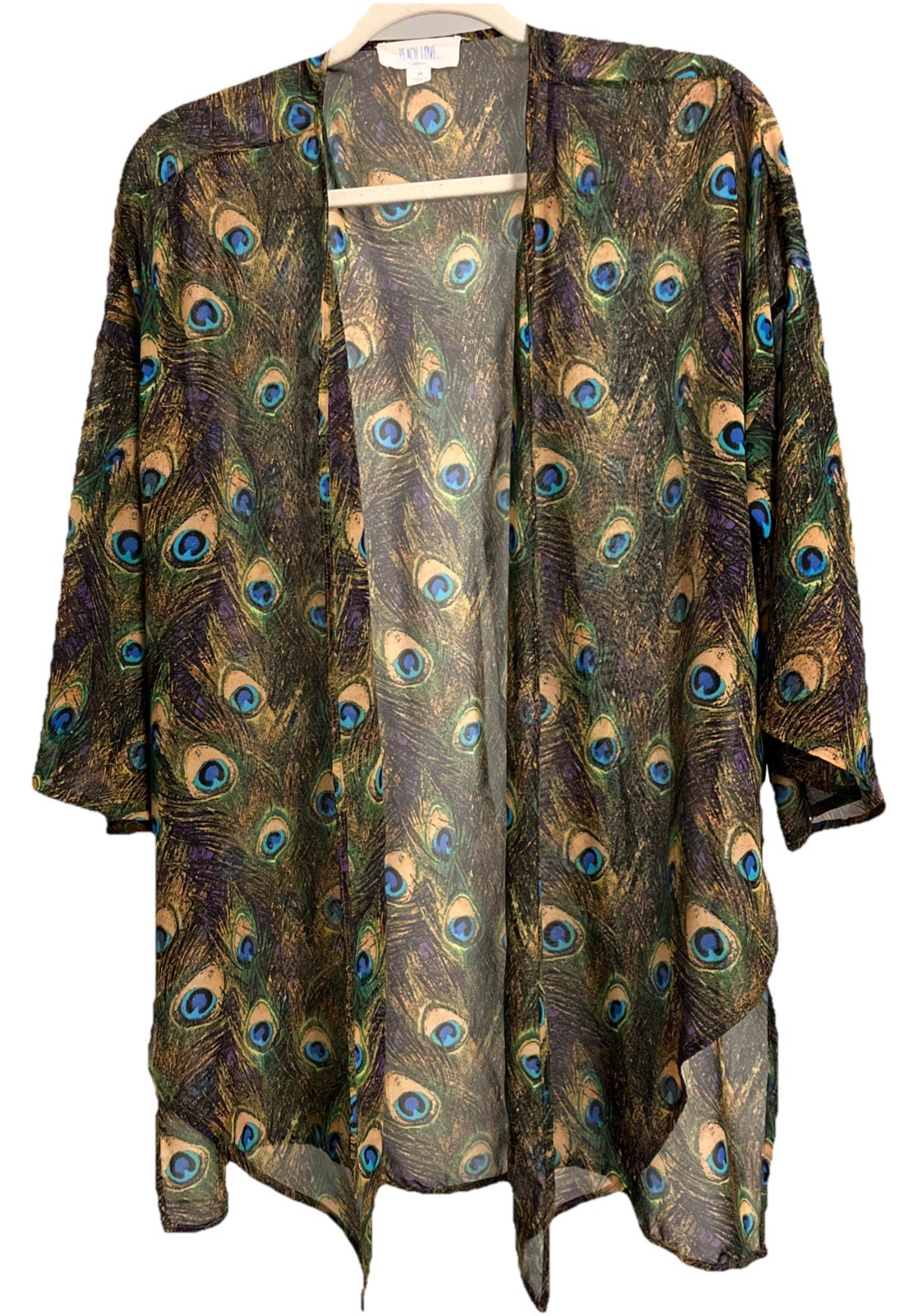 Peach Love California Kimono Women Size MEDIUM Peacock Feathers Artsy Tropical