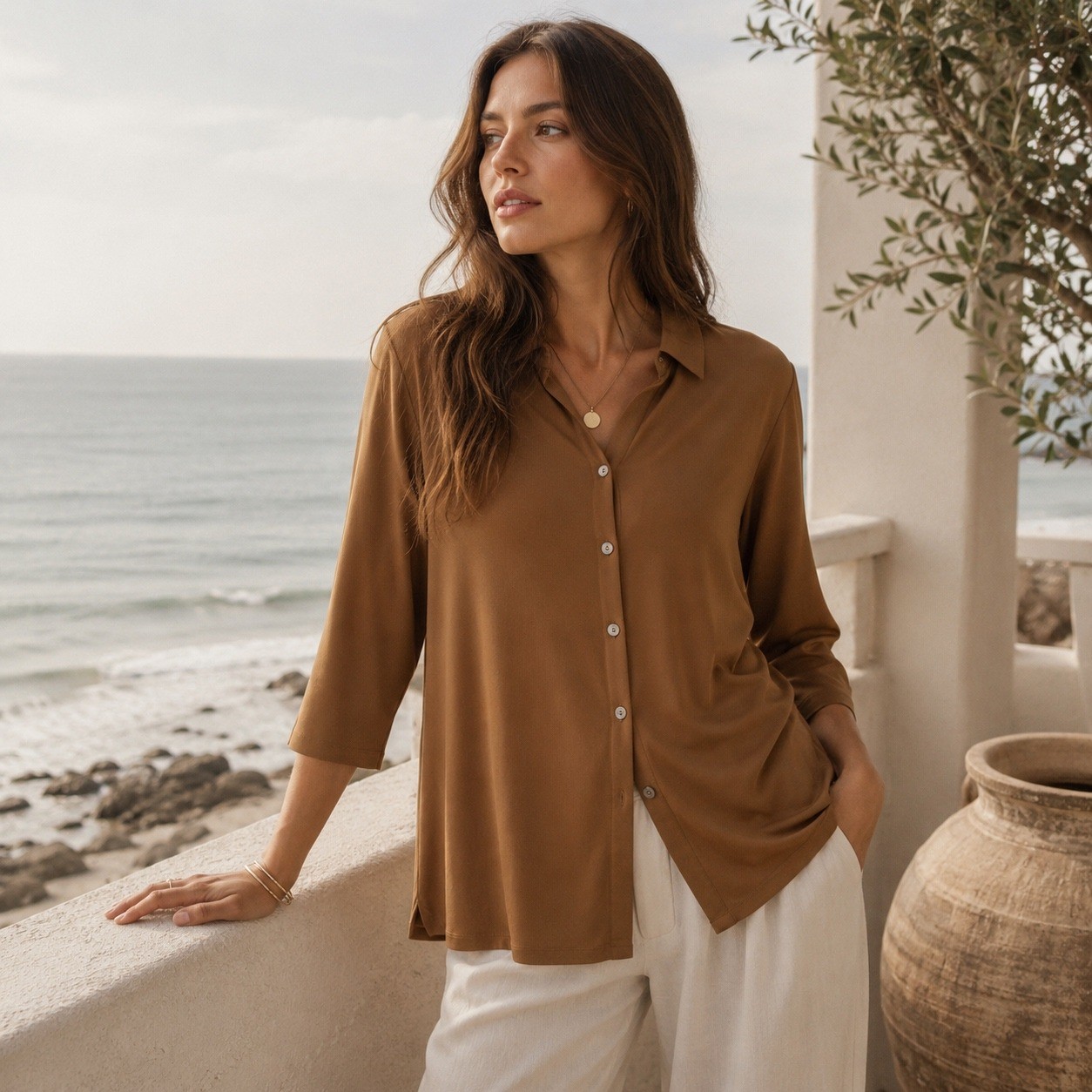 J.Jill Vicuna Brown Button Front Tunic XS Minimalist Quiet Luxury Top NWT