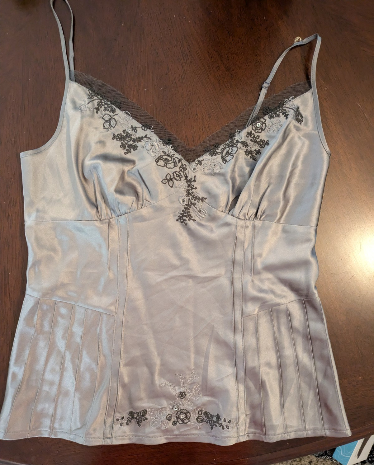 Arden B. Y2K 90s Charcoal Silk Beaded Embroidered Silk Fitted Fairy Cami L