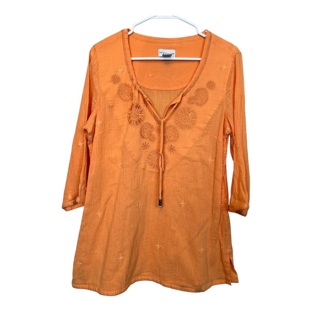 Soft Surroundings Orange Embroidered Boho Blouse Shirt Top Cottage Indie Hippie