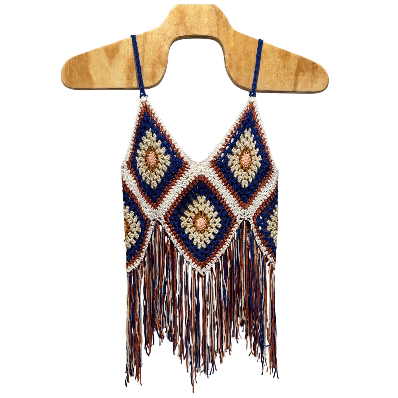 Crochet Fringe Tank Top Bohemian Festival Blue Orange Size M FL Gators Auburn