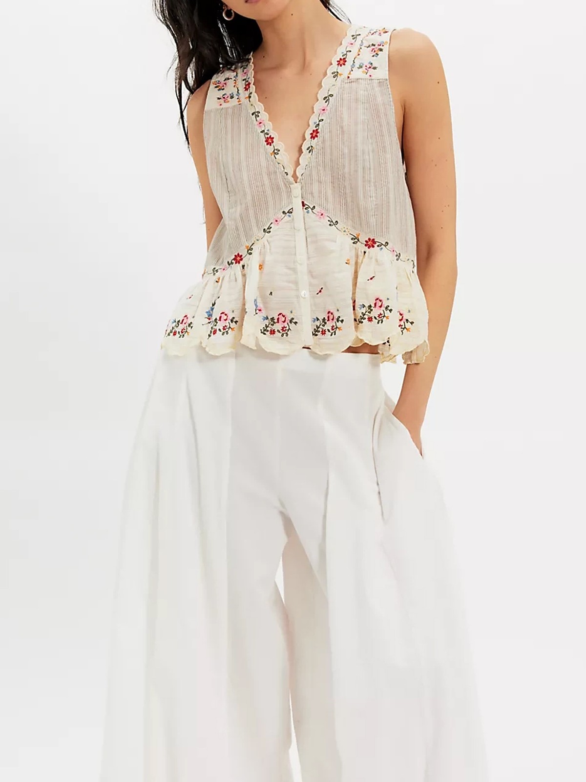 Free People Floral Embroidered V-Neck Sleeveless Vest Top Women