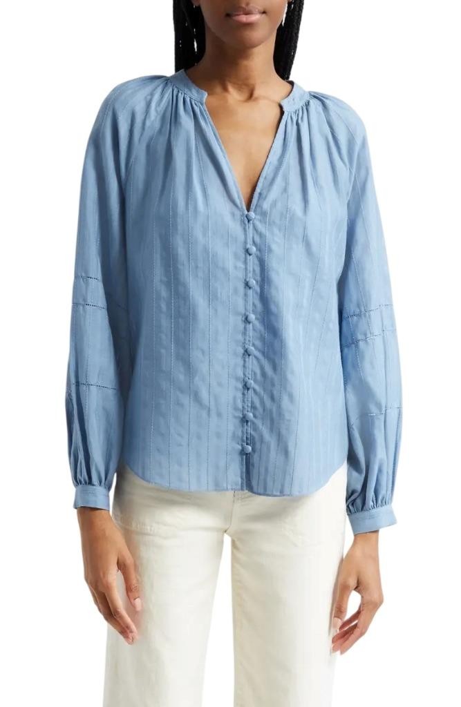 $448 – VERONICA BEARD Ailani Cotton & Silk Blend Top in Blue River Size 8