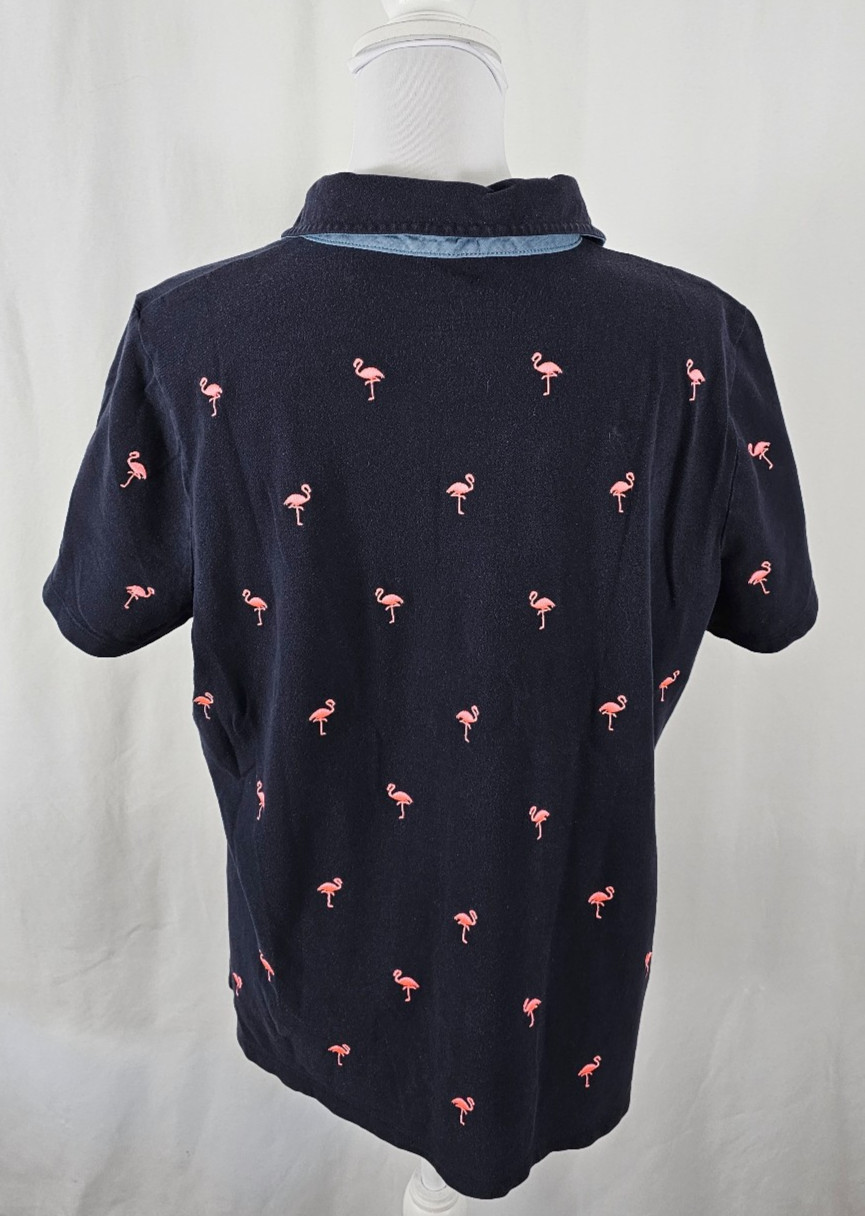 Talbors Womens Top Partial Button Navy Blue Pink Flamingos Cotton Spandex 1X