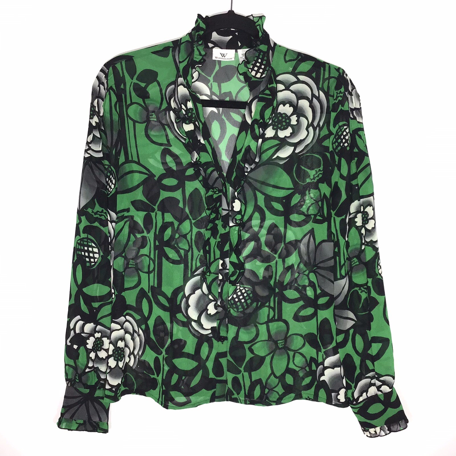 Worthington Womens M Button Top Green Black Floral Ruffle Stand Up Collar Blouse