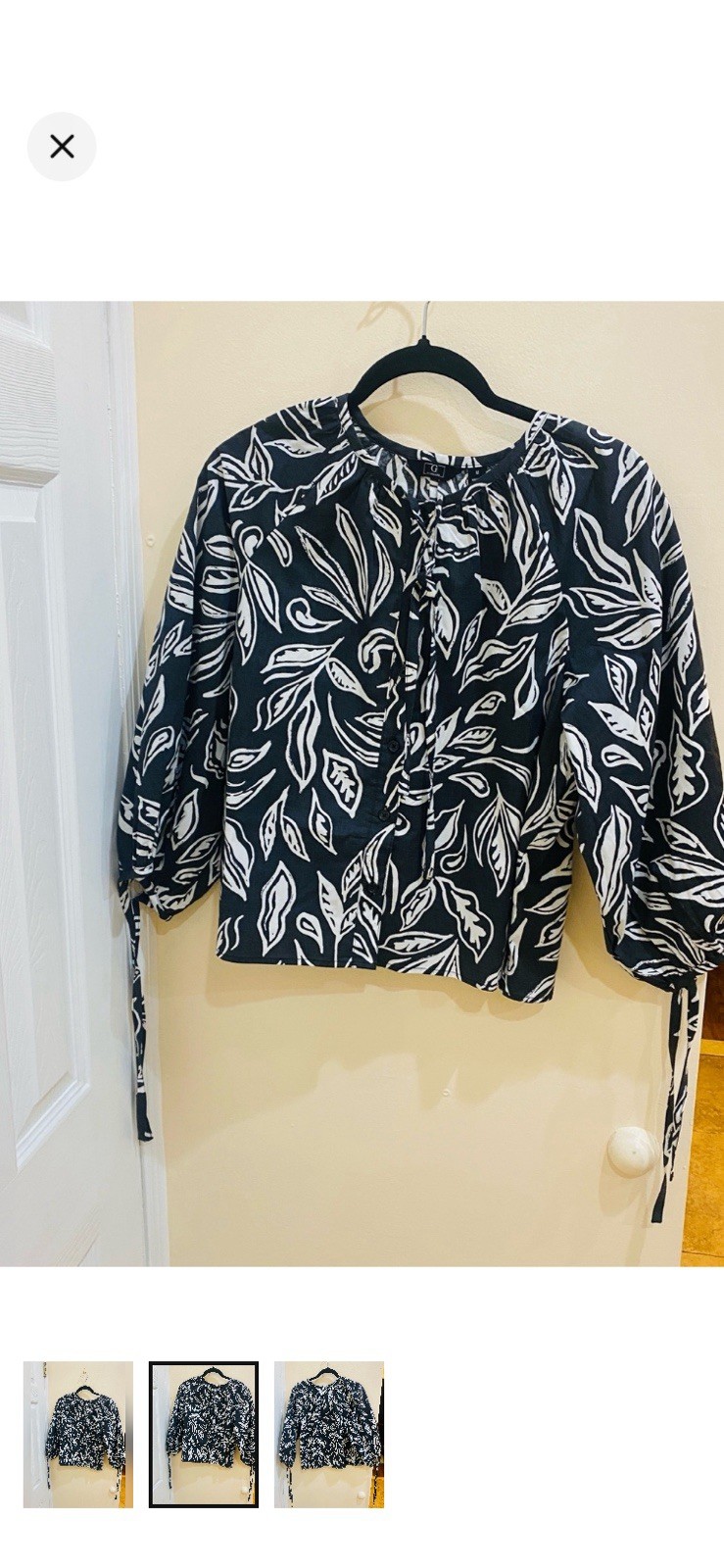 Women’s Black/White Floral Tie Sleeve Round Neck Long Sleeve Blouse M