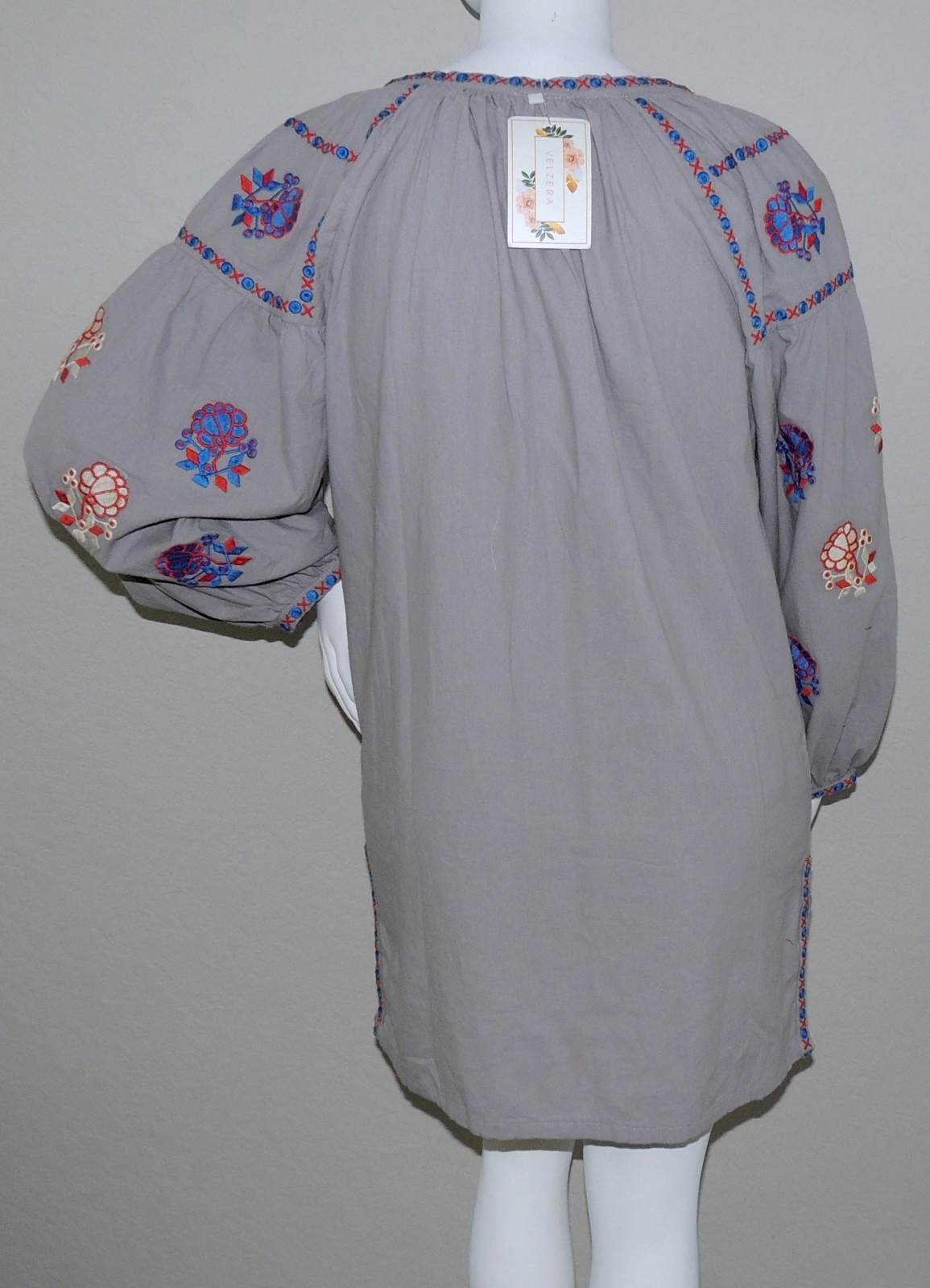 Velzera Boho Embroidered Floral V-Neck Tunic Dress Grey Plus 1XL 2XL 3XL – New!