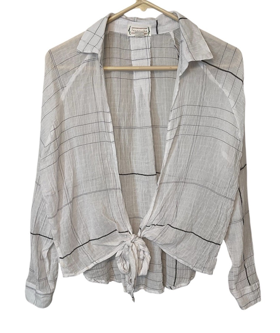 Loveriche Shirt Size M White Open Front Tie Wrap Striped Roll Tab Sheer