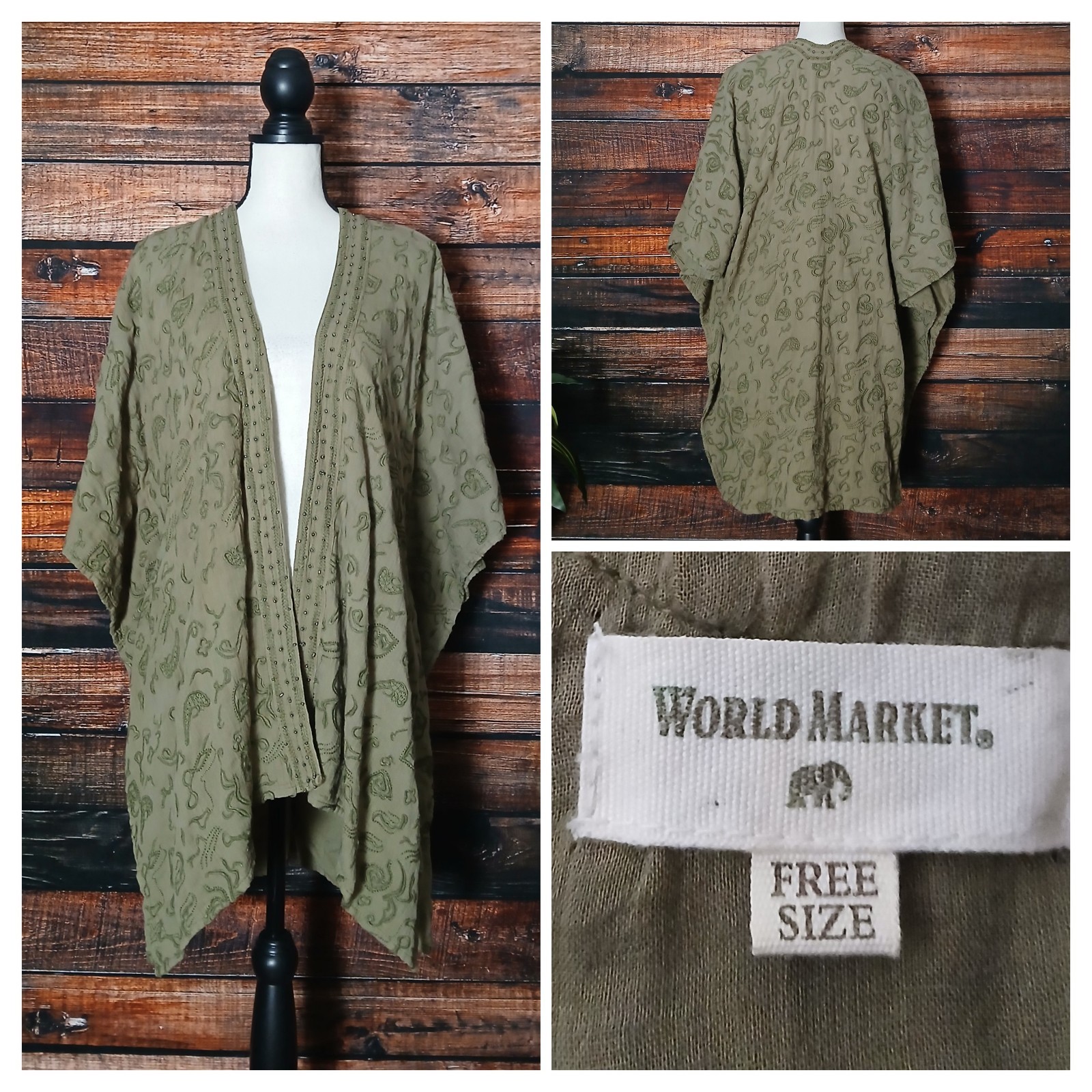 World Market One Size Cardigan Open Kaftan Embroidered Beaded Hippie Olive Green