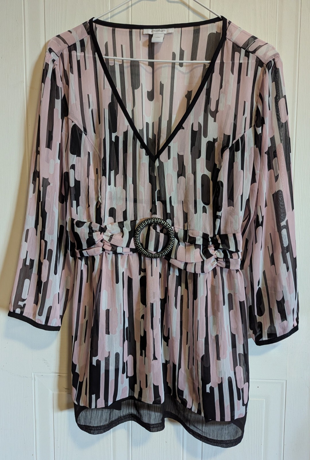 EUC Dressbarn Y2K Pink XL Geometric Sheer Chiffon Tunic Blouse Empire Babydoll