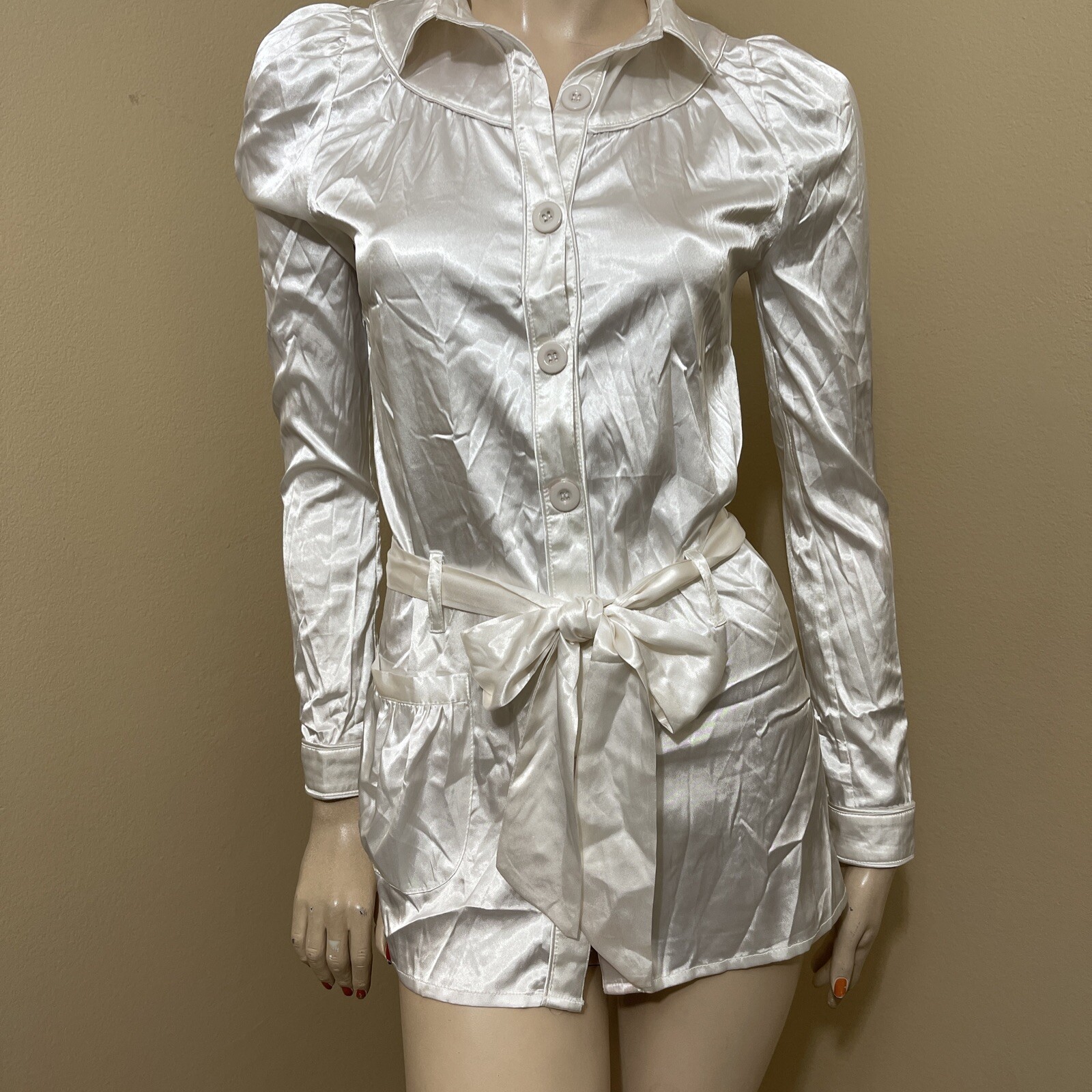 Women’s White Polyester Casual Belted Pocket Collared Size M Button-up Blouse