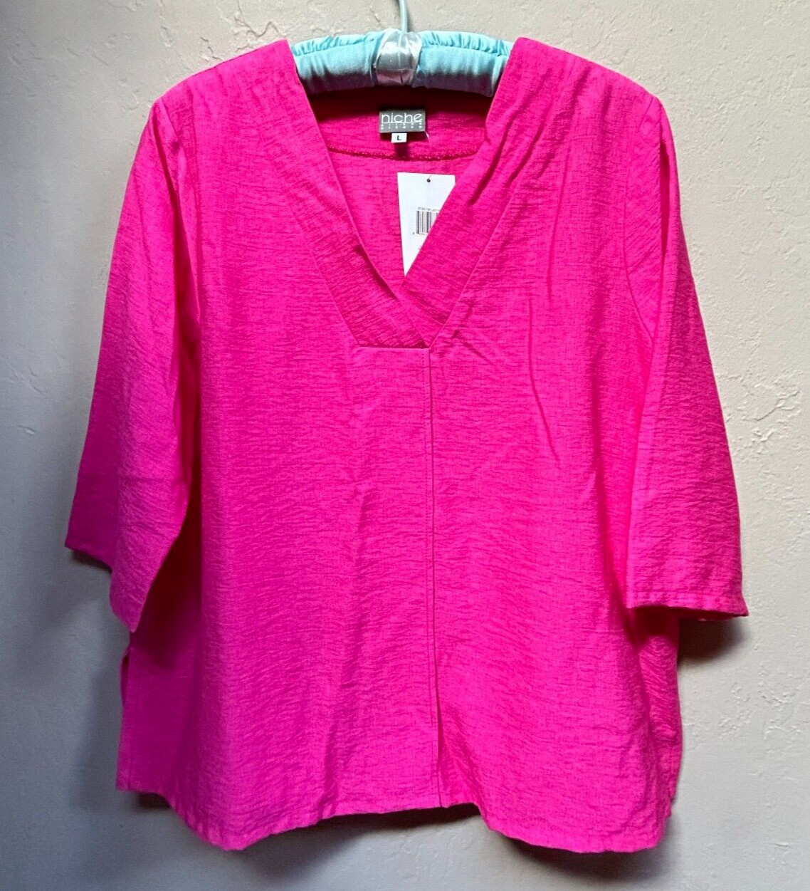 Niche Nilgun Derman Casual Tunic Top Womens Large Pink Rayon V-neck 3/4 Sleeve