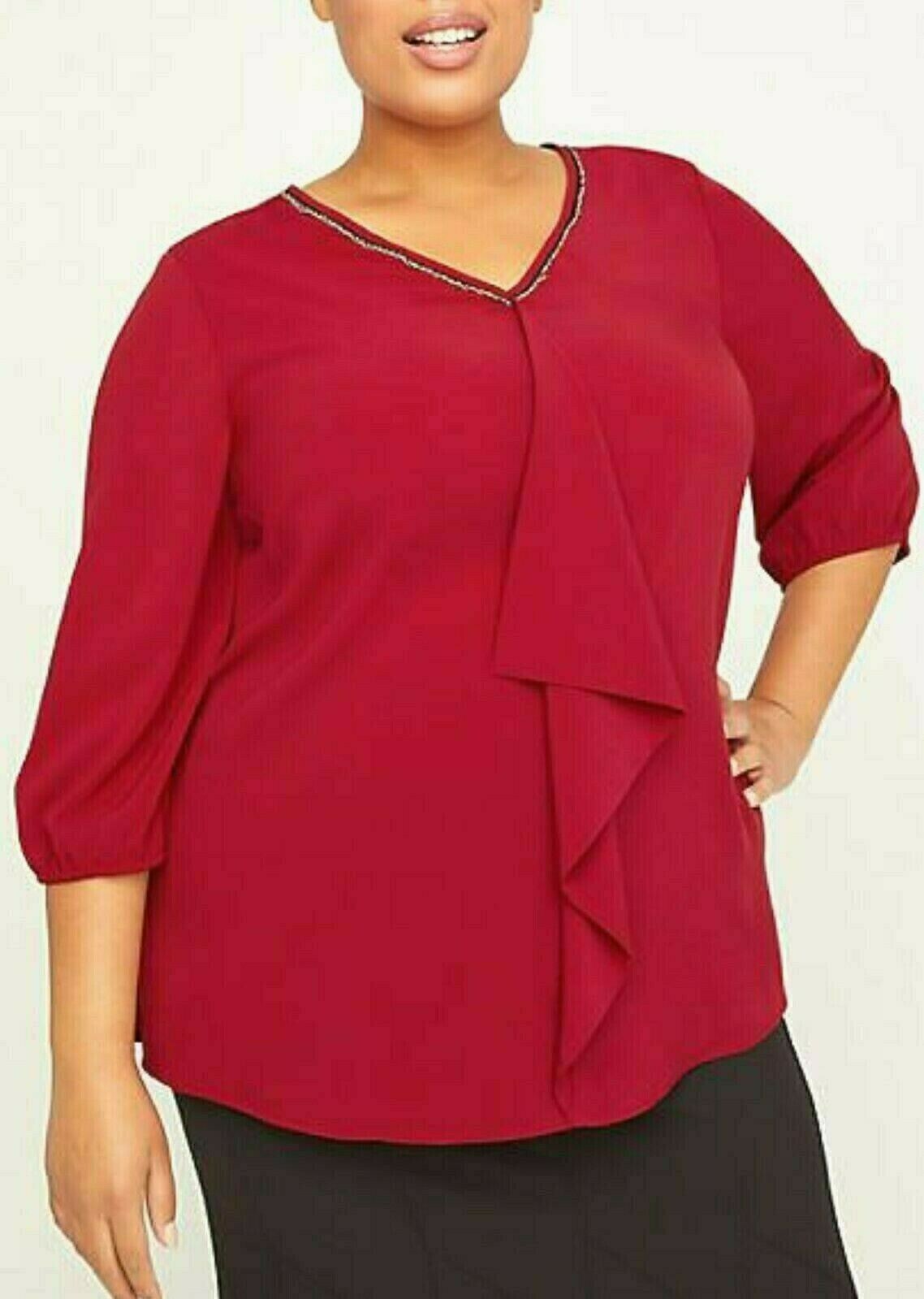 Catherines Size 2X 3X 4X 5X 22/24 26/28 30/32 3/4 Long Sleeve Blouse Top Red