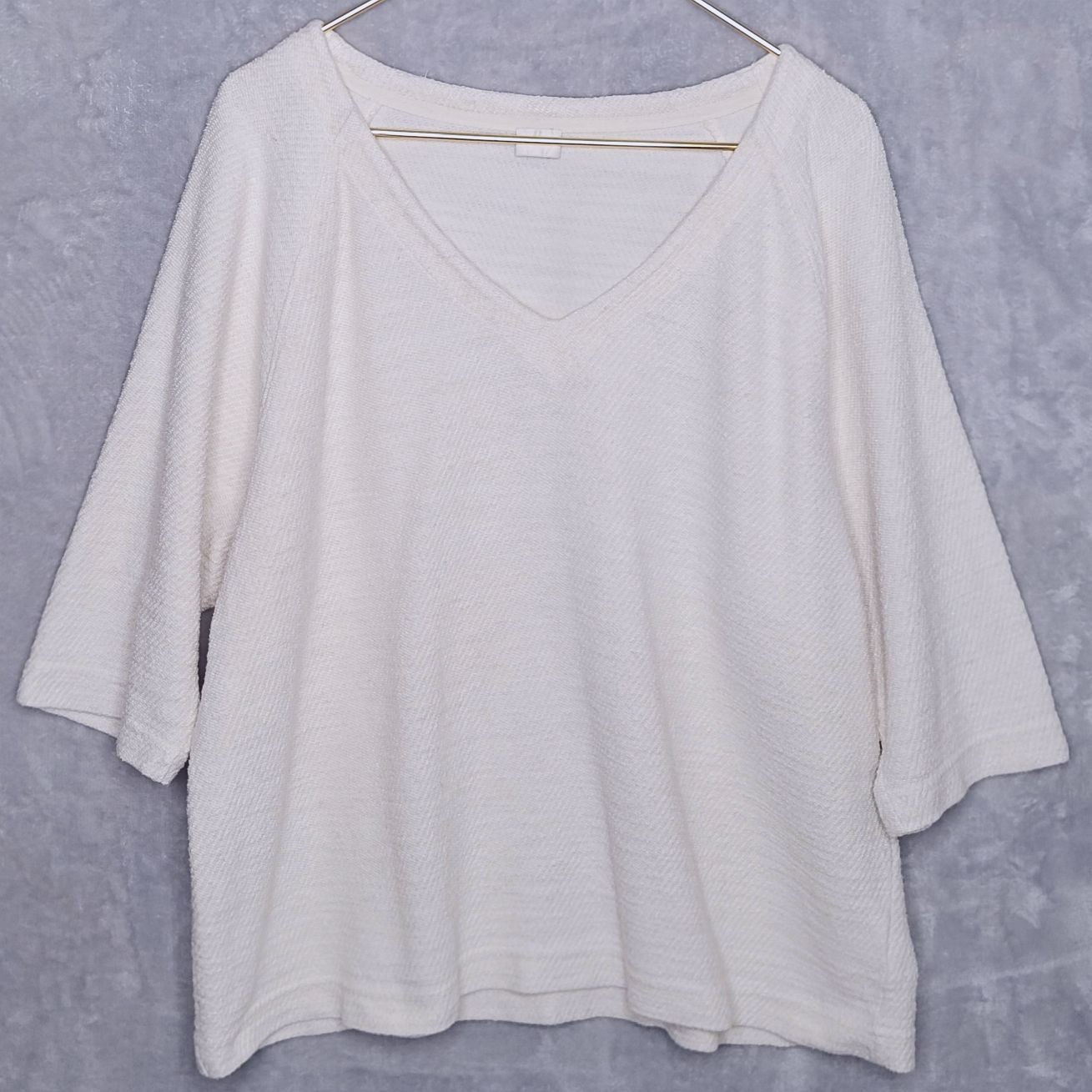 POETRY Ivory V-Neck Top Size 14 Raglan Half Sleeve Textured Lagenlook Beach