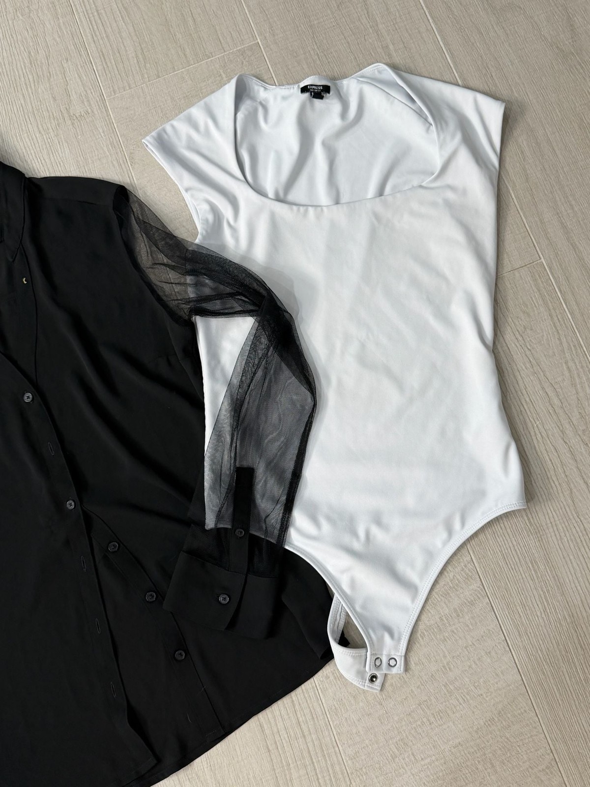 LOT of 3 Express Black Mesh-Sleeve Button-Down Blouse & Bodysuit 2-Piece Set
