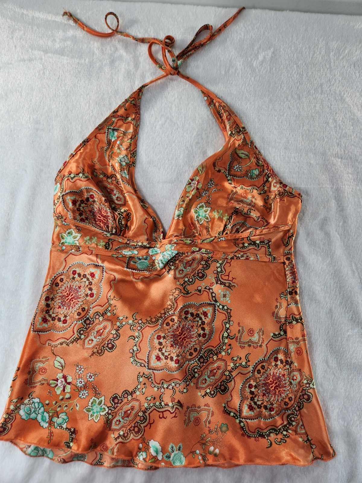 Women’s Silky Tie Halter V-necked Cropped Top-Orange Multi – SZ L