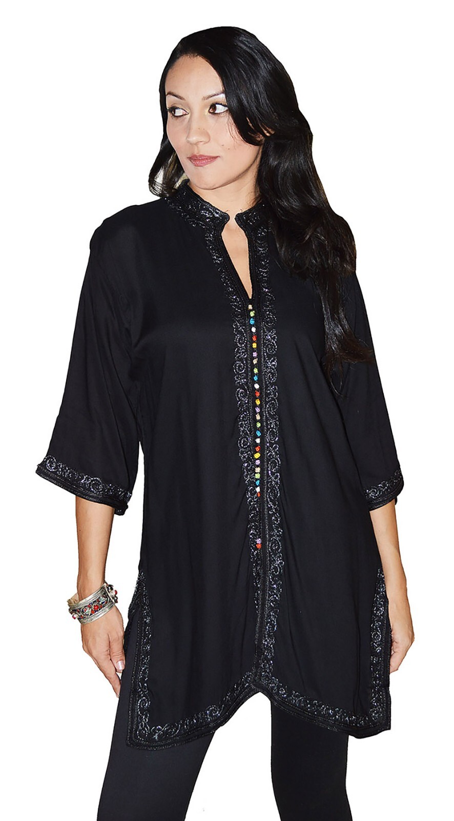 Moroccan Tunic Caftan Shirt Cotton Blouse Swim Suit Cover-up Black LG To XLG