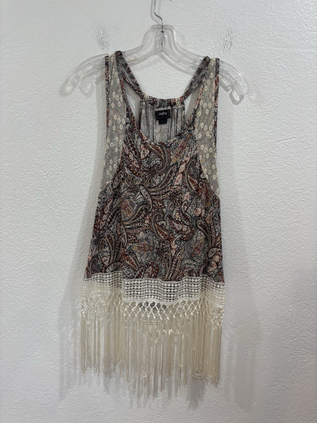 Daytrip The Buckle Print Lace Fringed Tank Top, Size M