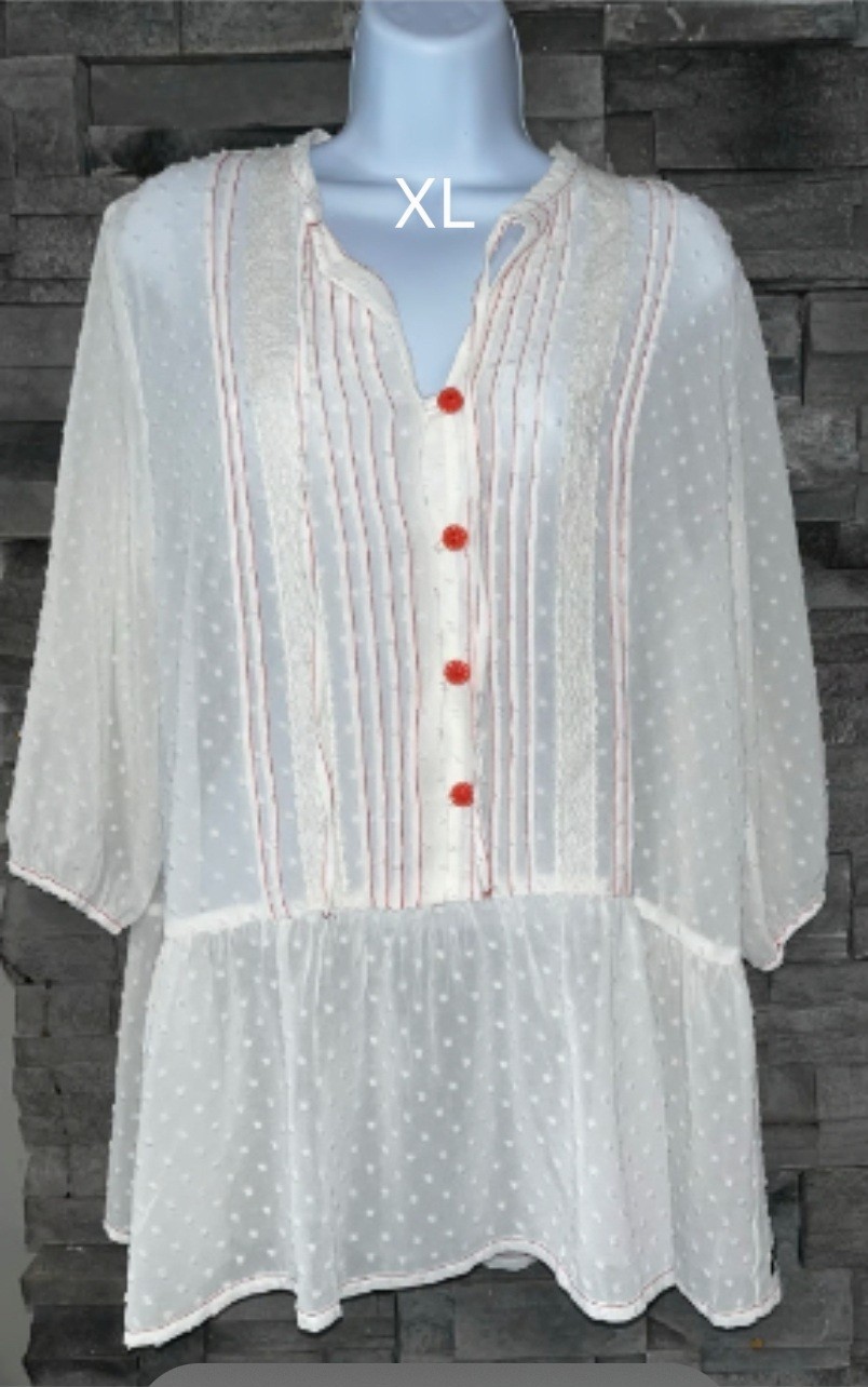 Matilda Jane Women’s White Polka Dot Sheer Chiffon V-Neck Tunic Blouse XL