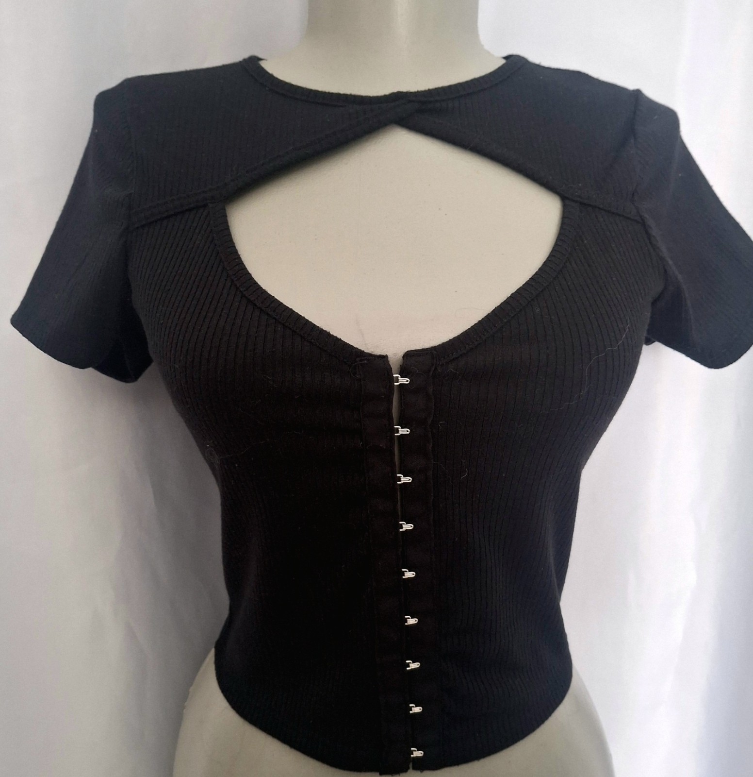 Womens Black Crop Top hook Front Coquette whimsy dark academia S XS