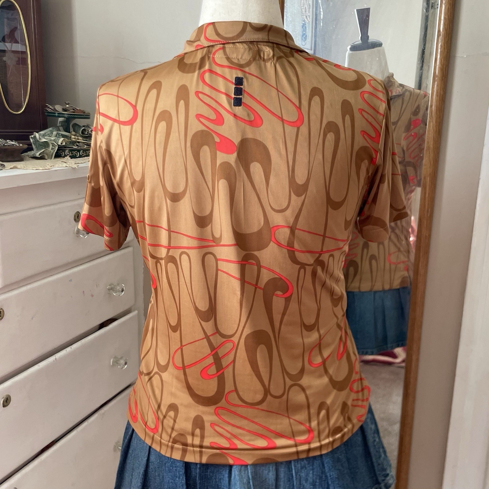 Jamie Sadock Women’s Small Golf Polo Shirt 1/4 Zip Abstract Brown Red 70s Funky