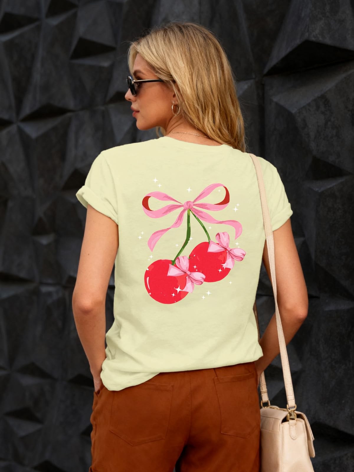 Cute Cherry Shirt for Women Pink Bow Fruit Graphic Print T-Shirt Vintage Aest…