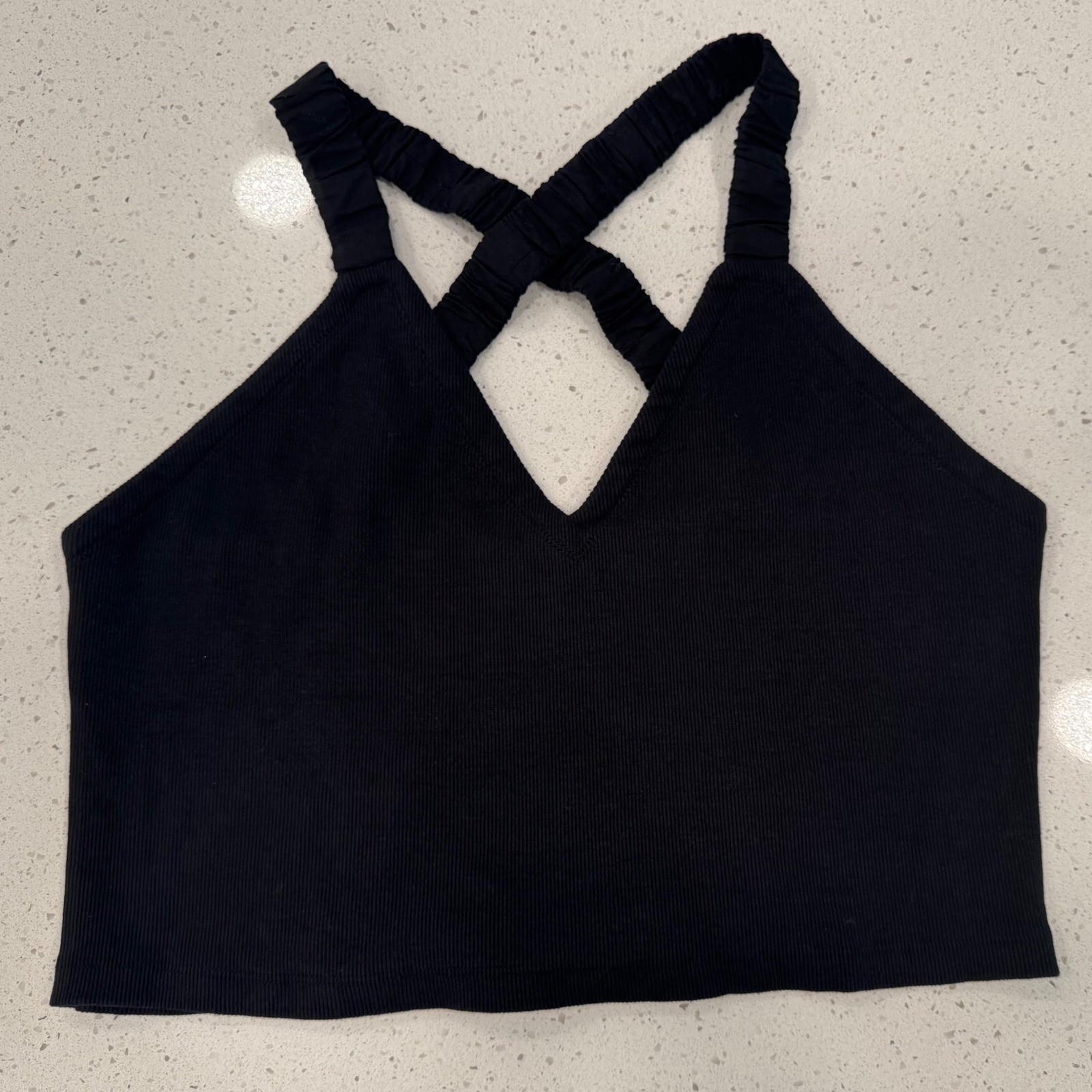 Maeve Crop Top Women XL Black NWT Ribbed V-Neck Criss Cross Back Minimalist Chic