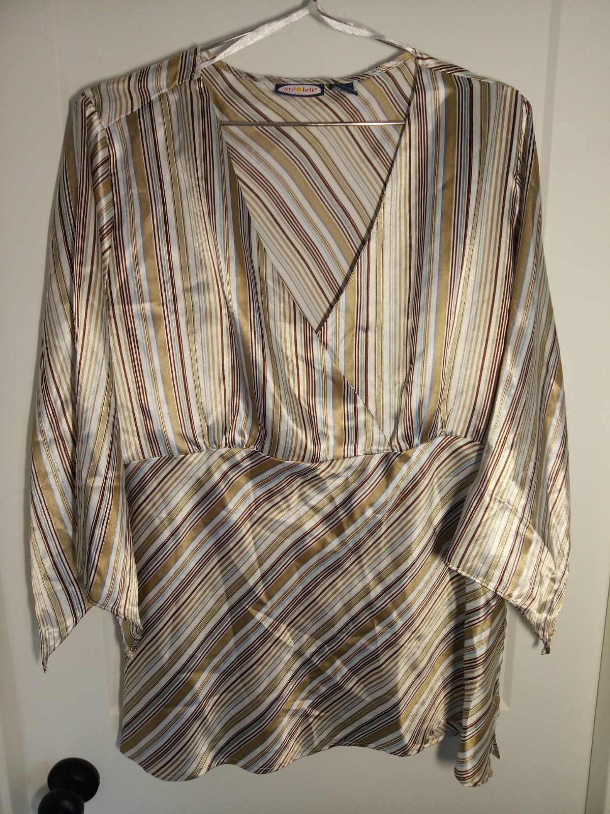 Zoey Beth Womens Plus Size 2X Brown Tan Striped Satin Crossover Blouse Shirt Y2K