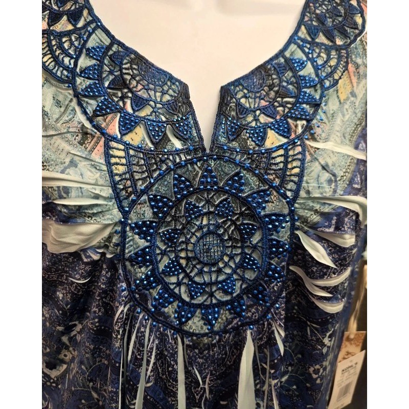 World Unity Womens Large Blue Boho Floral Medallion Sharkbite Tunic Top NWT