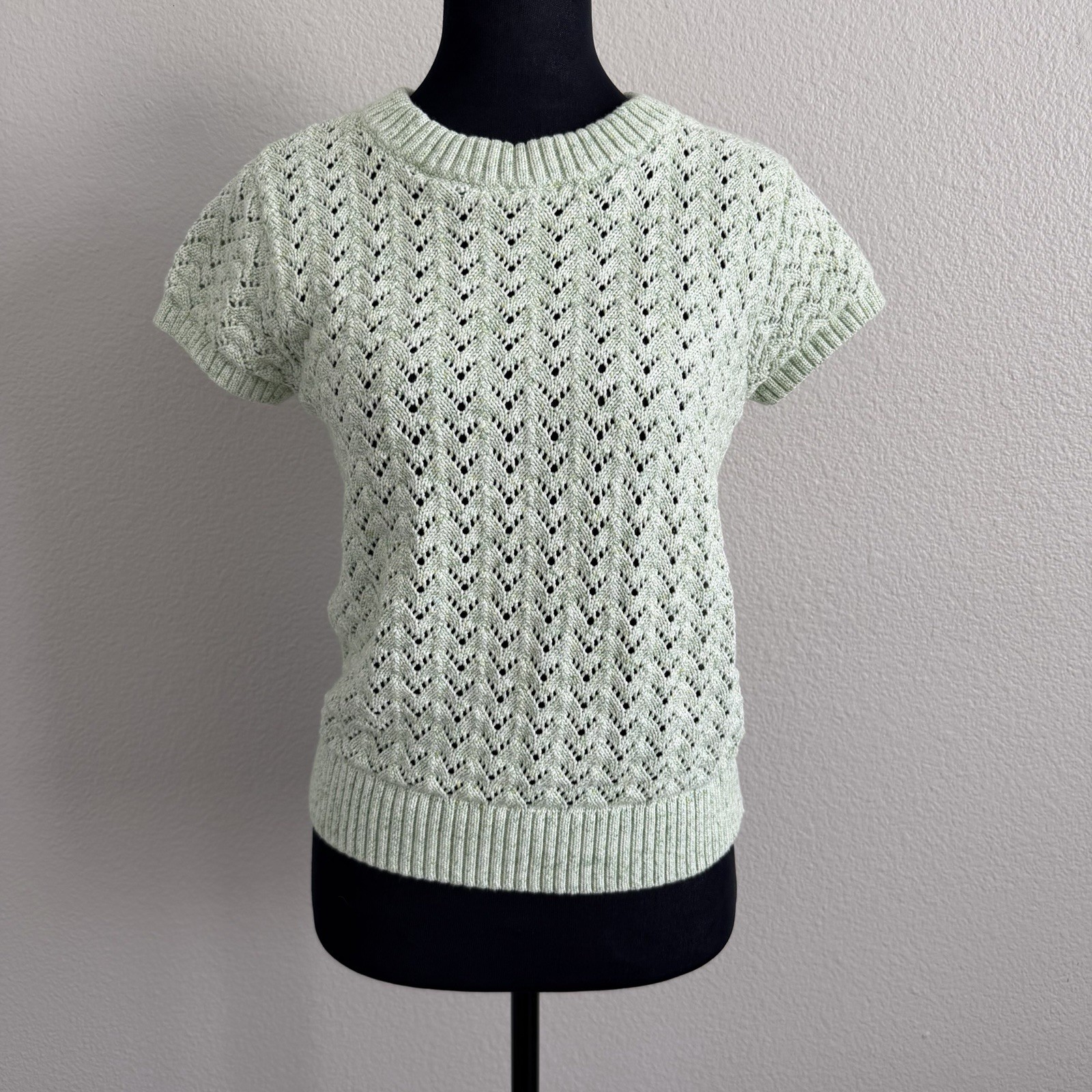 LOFT Small Mint Pointelle Knit Sweater Top Short Sleeve Cottagecore Pullover