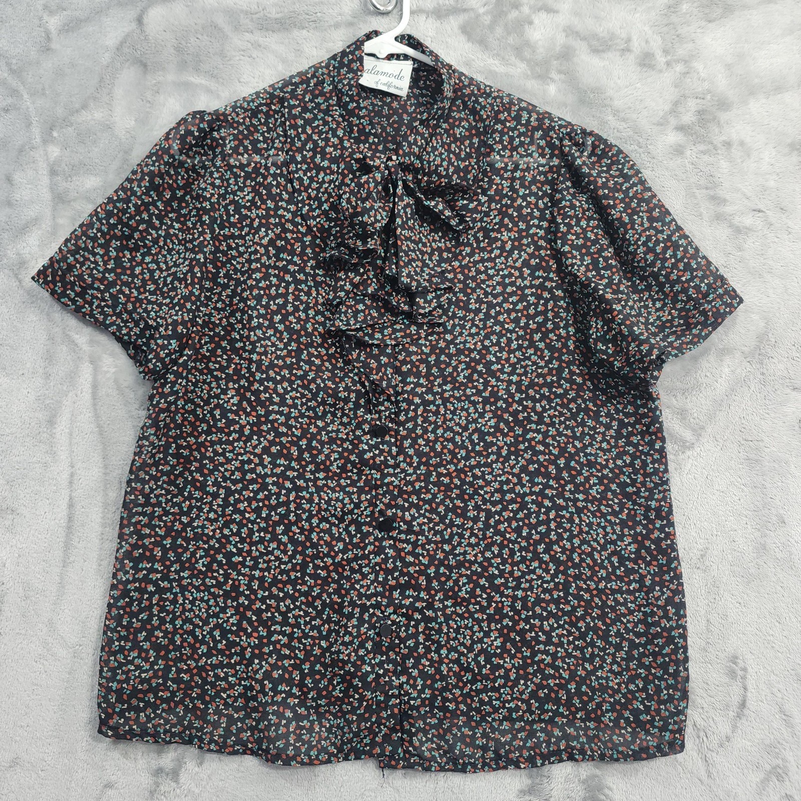 Vintage Alamode Of California Top Womens M Black Sheer Bow Ruffled Short Sleeve