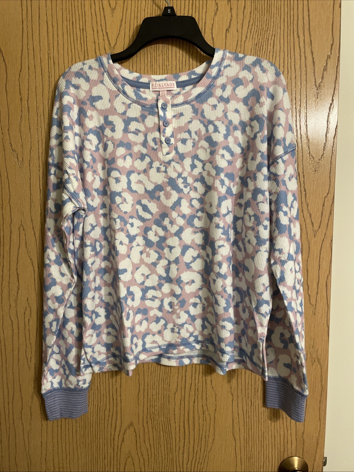 Pj Salvage Leo My Happy Top Women’s Waffle Knit Size Medium Pink Blue White