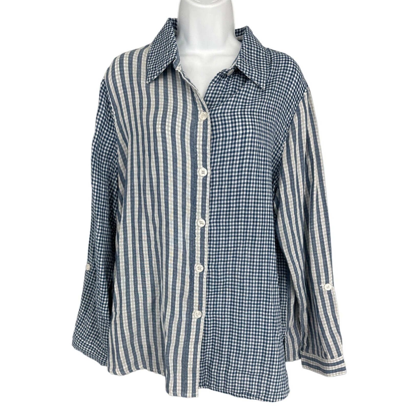 Draper’s & Damons Women’s Roll Tab Sleeve Button Up Blouse Size XL