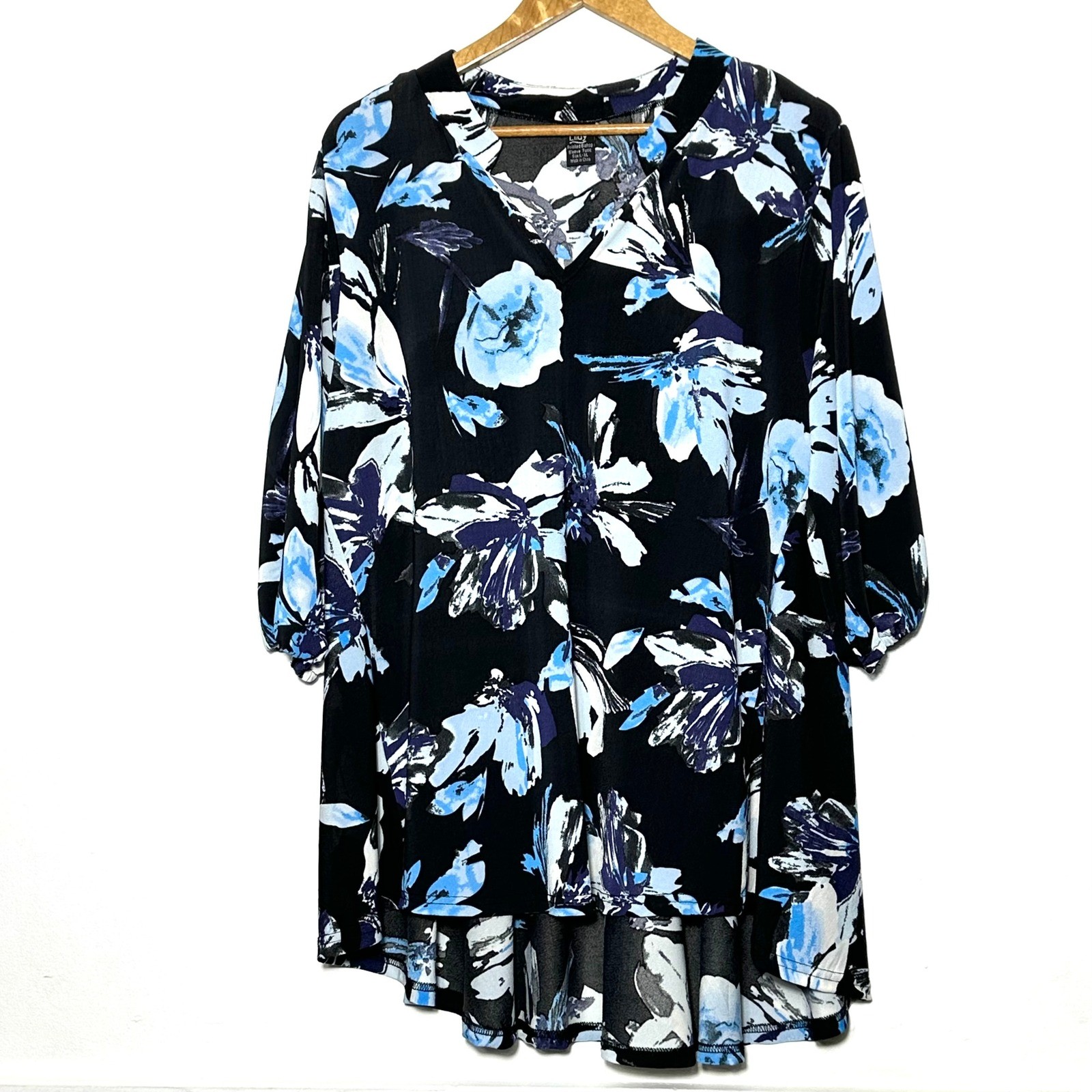 Lildy Printed Bishop Sleeve Tunic Womens Large Floral Boho V Neck 3/4 Sleeve Top