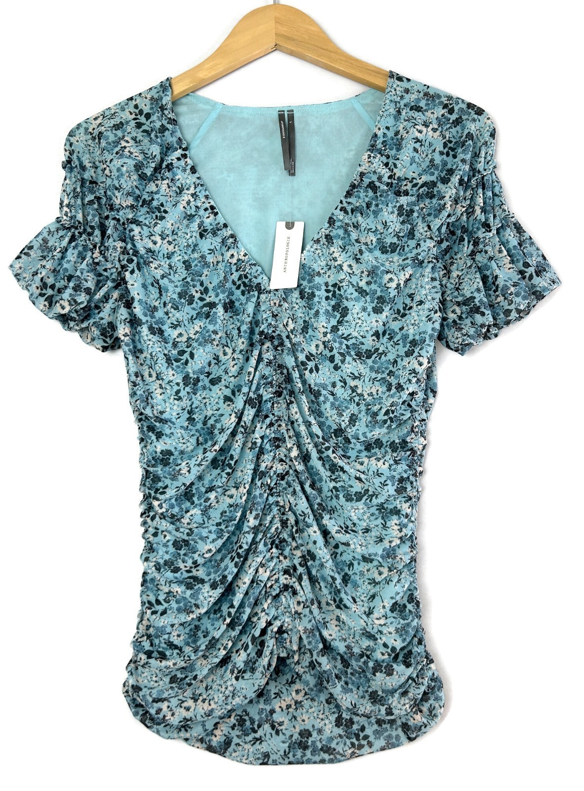 By Anthropologie Short Sleeve Mesh Shirred Top Size Large Blue Floral V-Neck