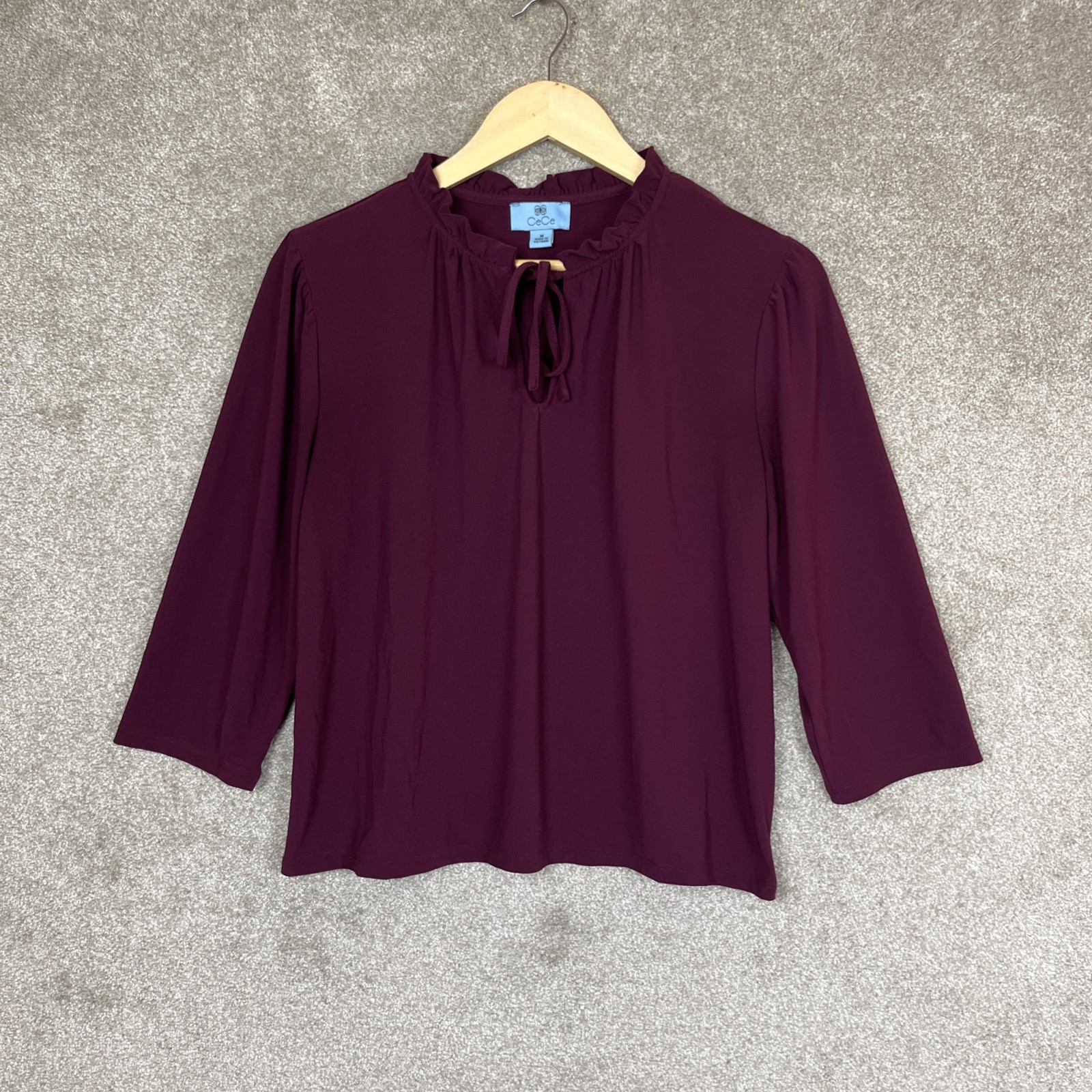 Cece Blouse Womens Medium Purple 3/4 Sleeve Tie Neck Stretch Pullover- 4946