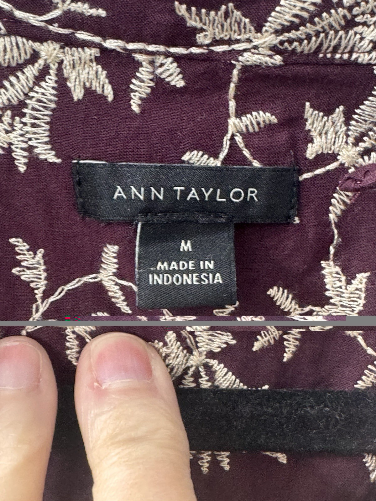Ann Taylor Medium Embroidered Cotton Blouse Burgundy Floral Ruffle Neck Boho