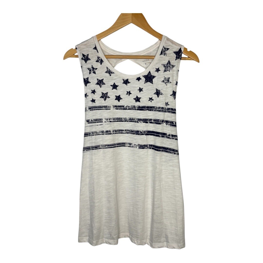 BCG Tank Top Womens XL White Stars Stripes Americana Twisted Keyhole Back