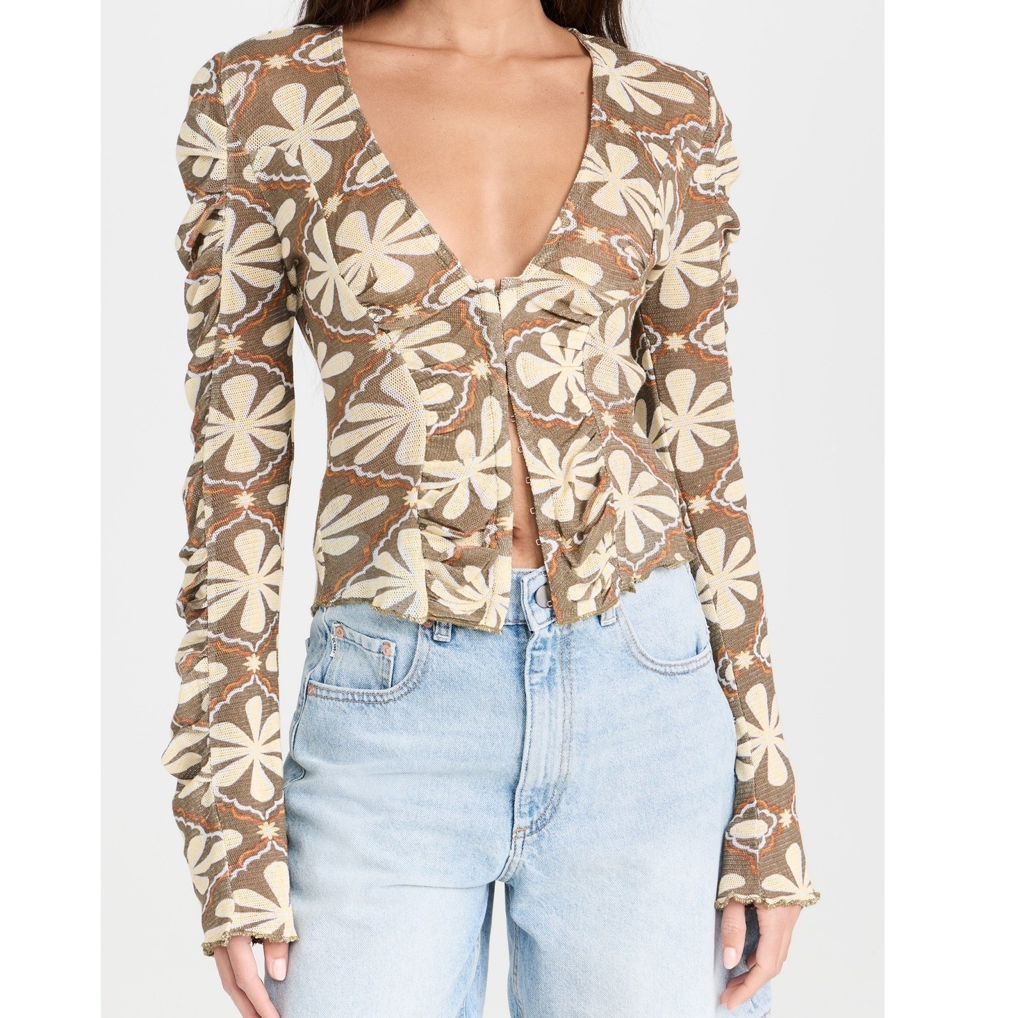 Free People Top Medium Floral Print Mesh Top Bell Sleeves BOHO hippie