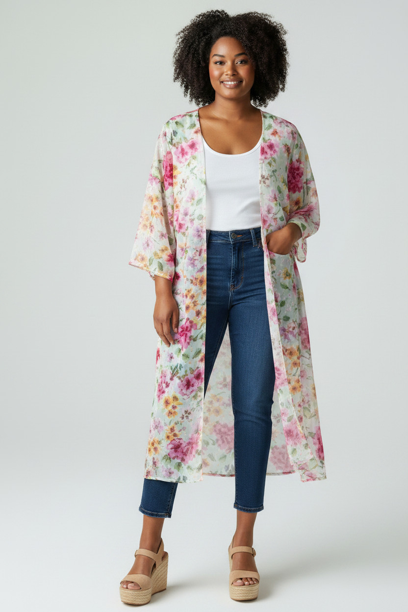 The Pioneer Woman Womens Floral Duster L/XL Pink Open Front Kimono Cardigan NWT