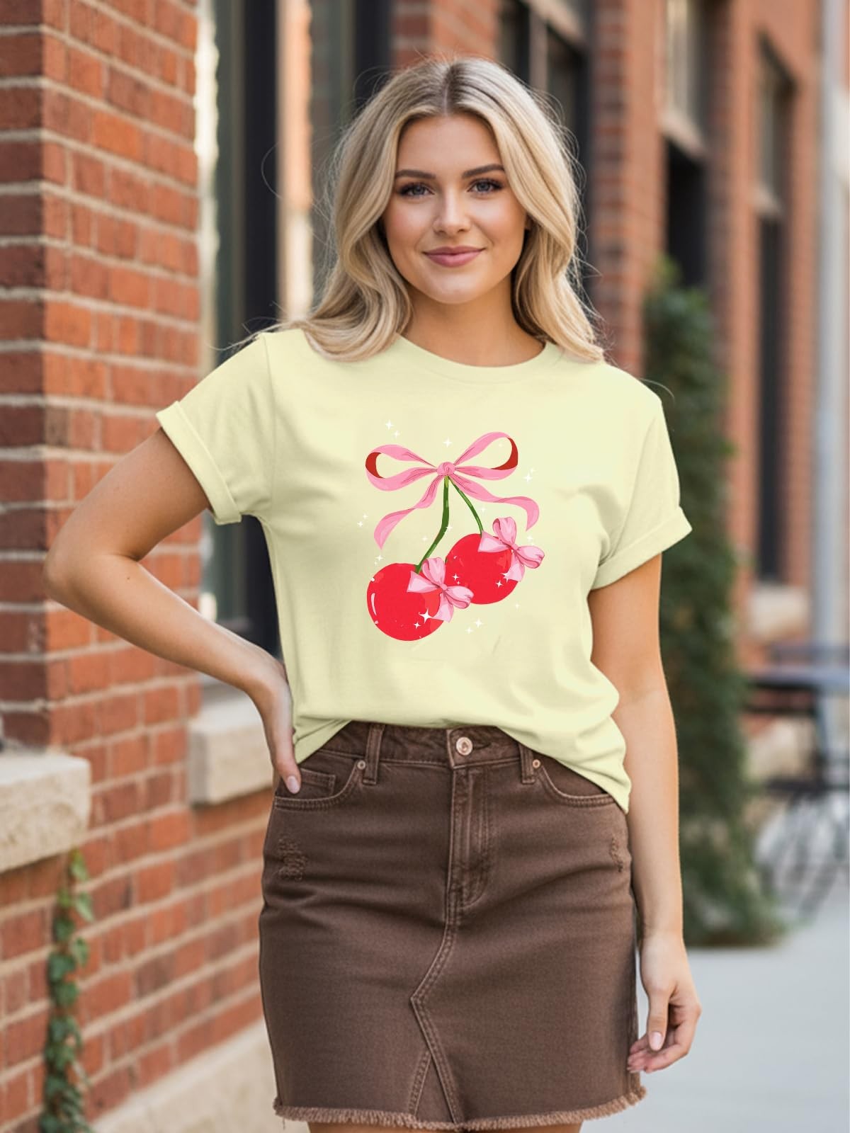 Cute Cherry Shirt for Women Pink Bow Fruit Graphic Print T-Shirt Vintage Aest…