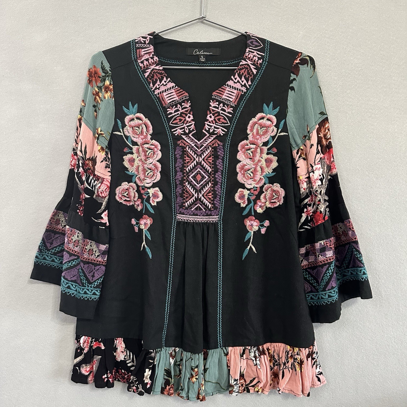 Calessa Floral Embroidered Tunic Top Mixed Media Linen Boho Women’s Size Small