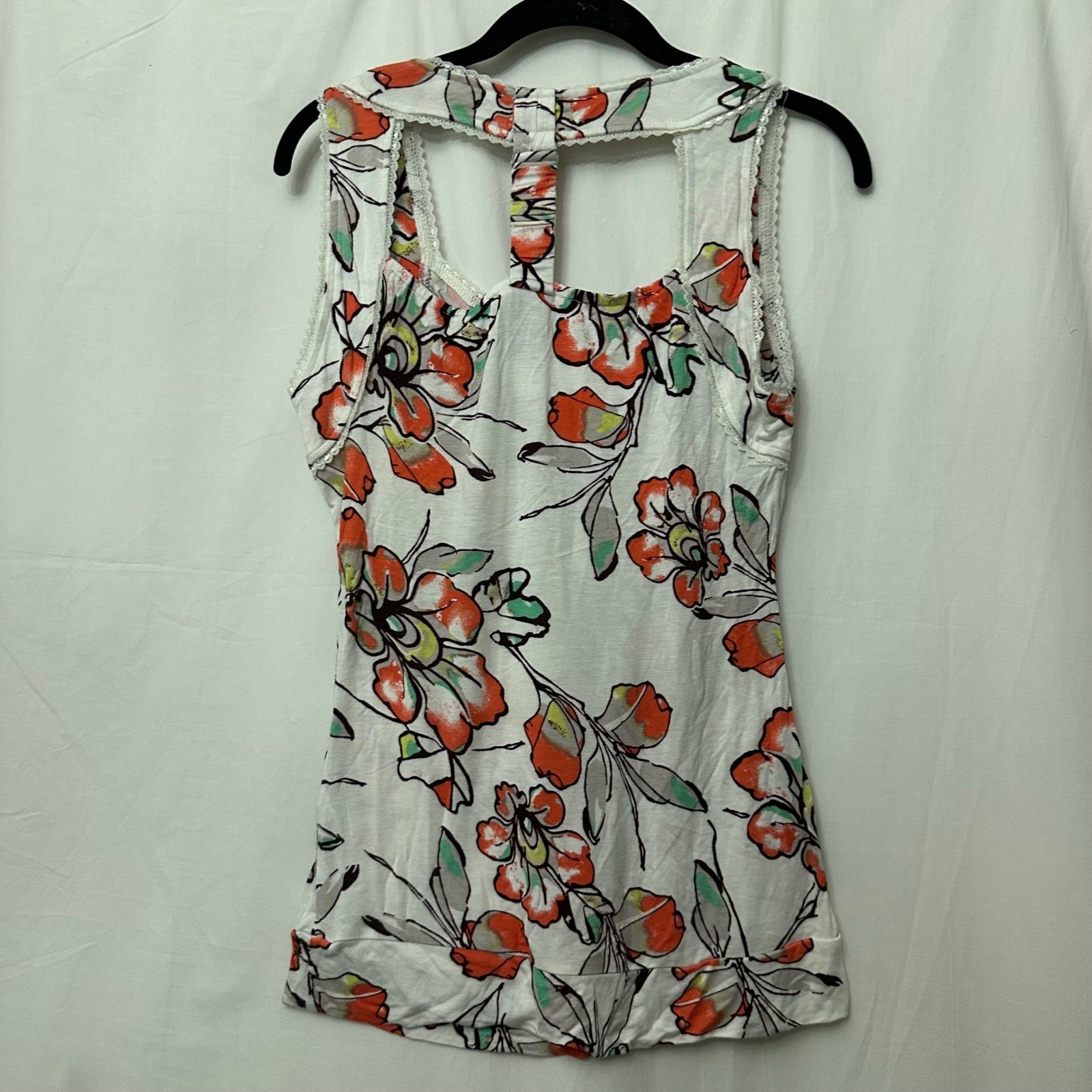 American Rag Cie Floral Lace Trim T-Back Tank Top White Orange Large RN 134190