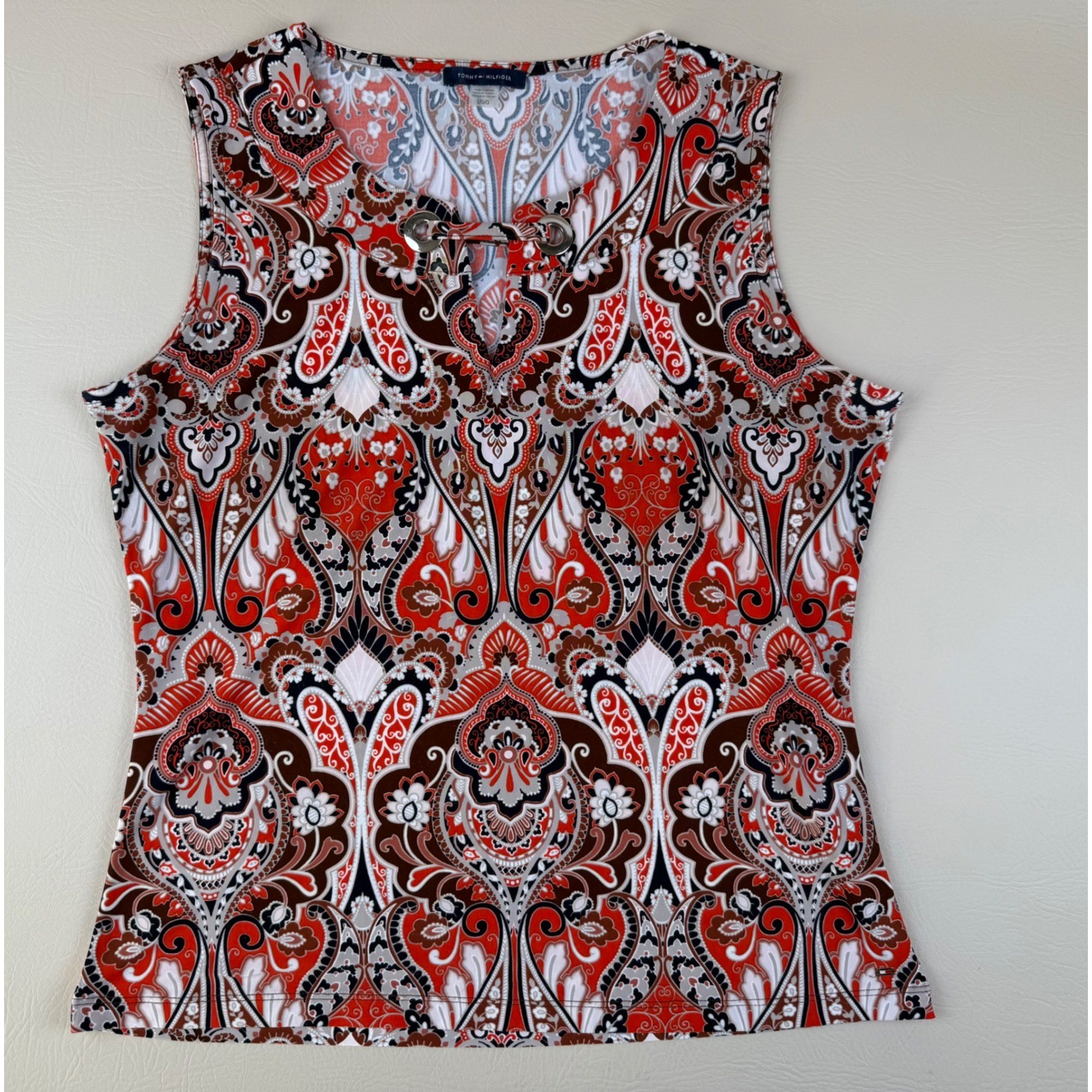 Tommy Hilfiger Boho Paisley Tank Top Polyester Silver Keyhole Detail Large
