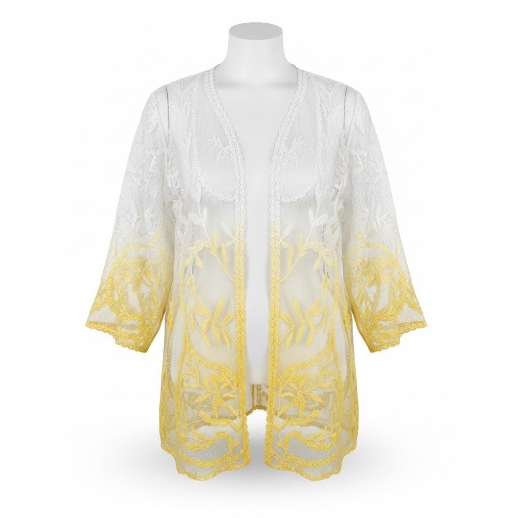Nina Leonard Womens White & Yellow Lace Embroidered Open Front Topper Sz 2X