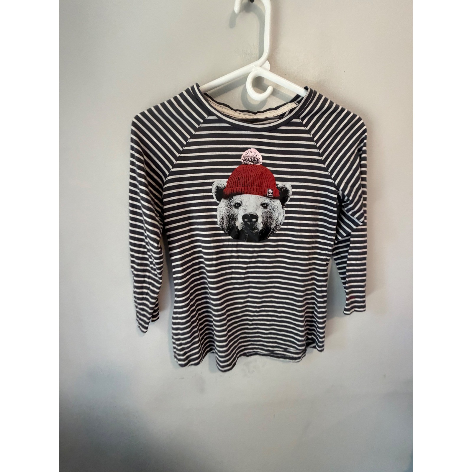 Columbia Womens XS Striped Polar Bear Graphic Raglan Long Sleeve Shirt Navy Blue