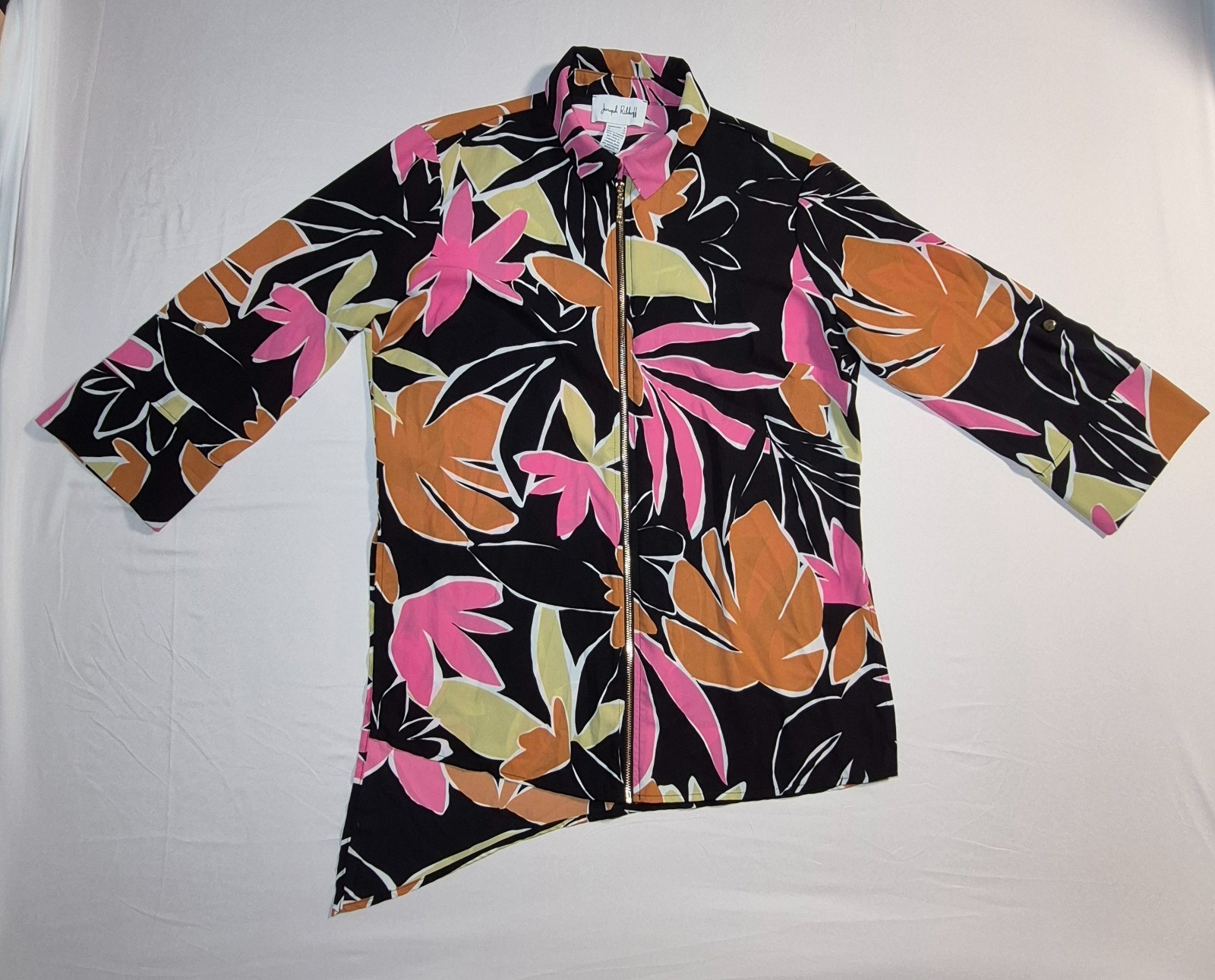Joseph Ribkoff Tunic Black Tropical Print Asymmetrical Zip Front Top Blouse Sz 8