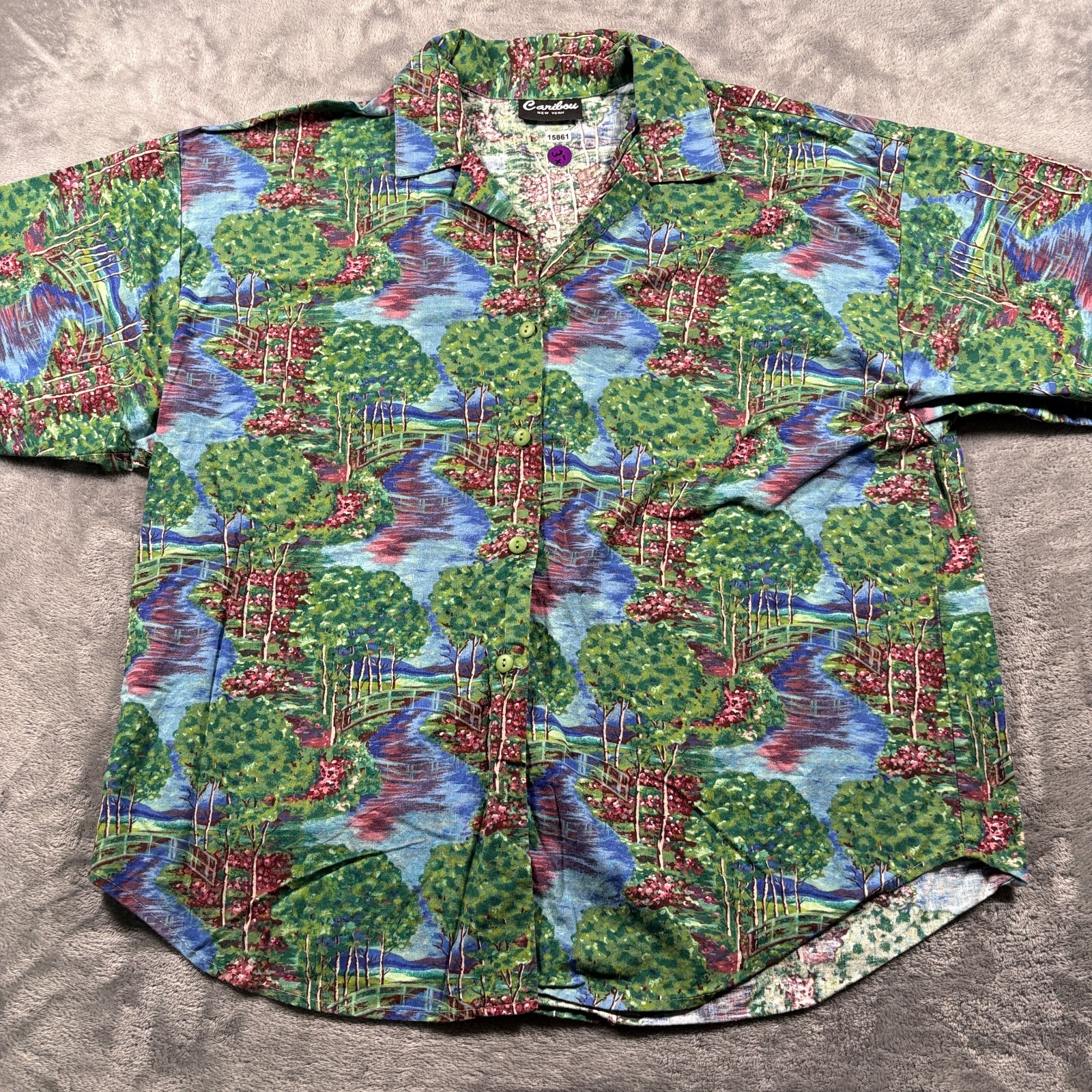 Caribou Hawaiian Shirt Womens XL Multicolor River Landscape Print Camp Collar
