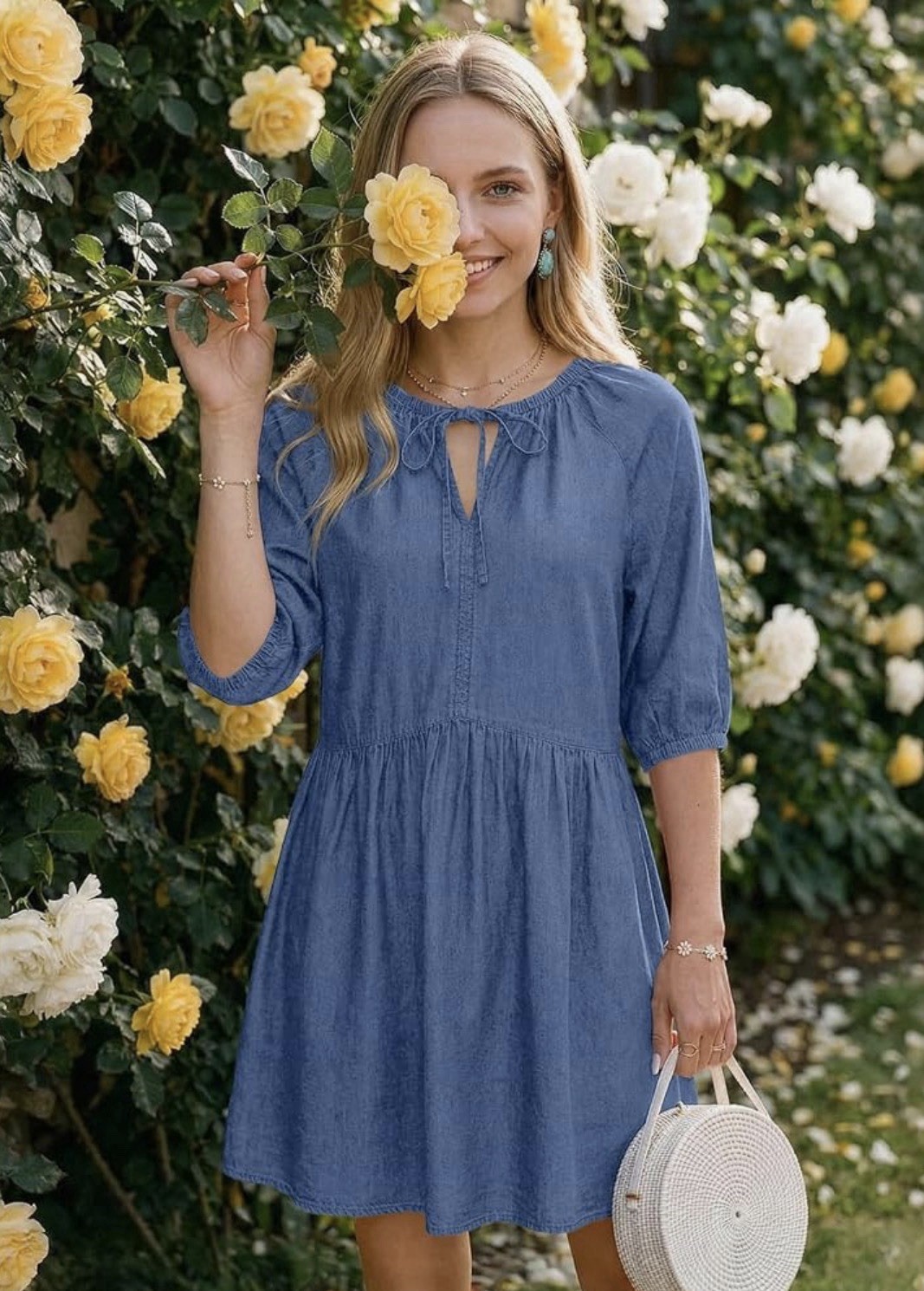 Dokotoo Denim Dress for Women Short Puff Sleeve V Neck Jean Dresses