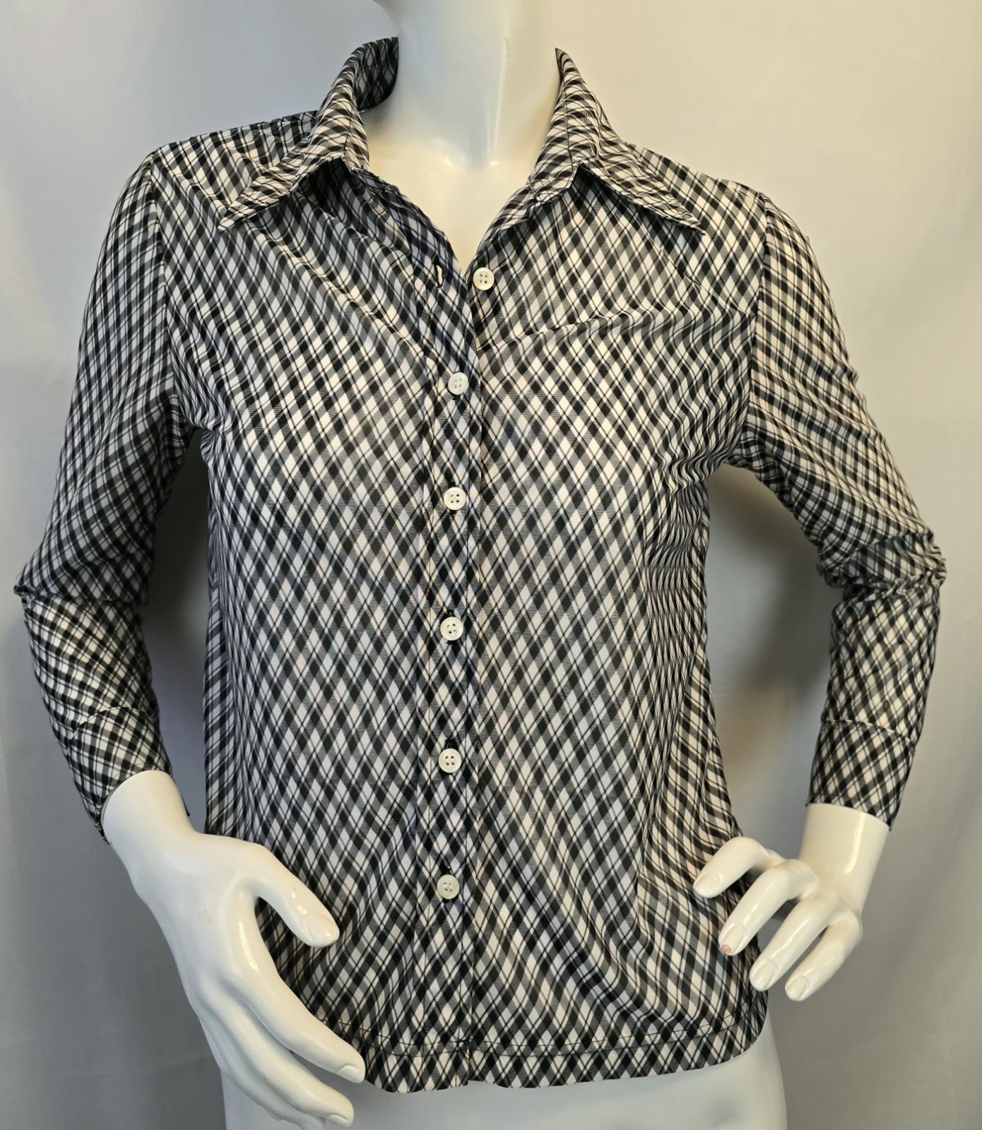 90’s 8 Track Button-Up Shirt M Black/White Diagonal Plaid Sheer 70’s Style